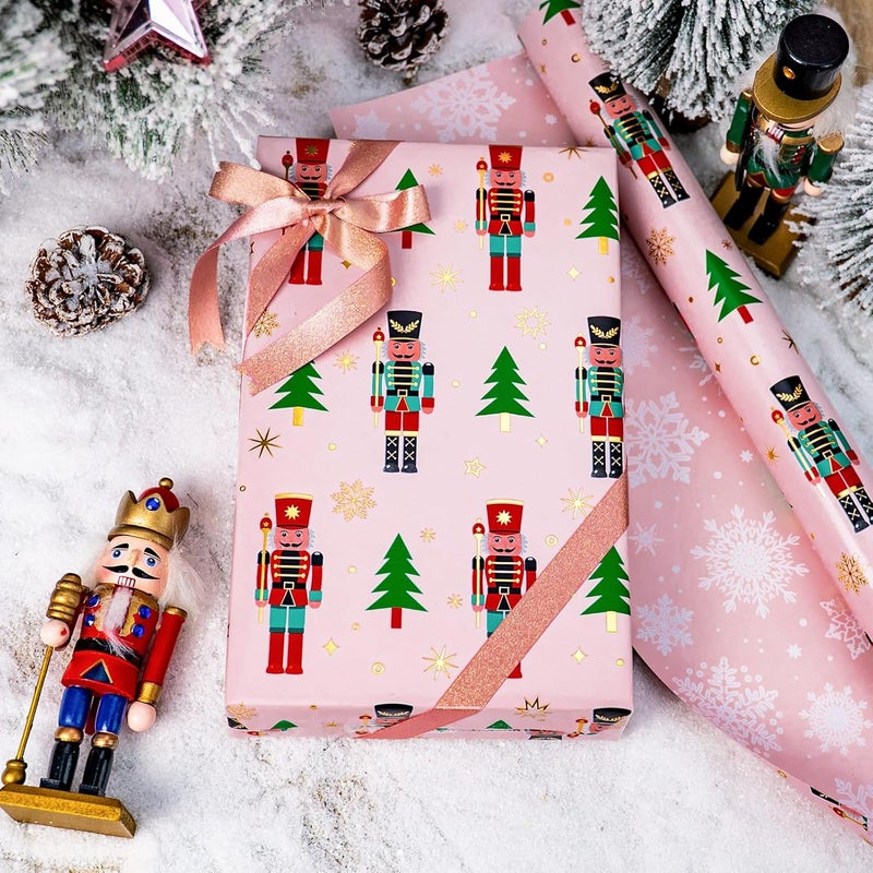 Retrify Nutcracker Christmas Wrapping Paper Roll, 17 Inches x 32.8 Feet Pink Gift Wrap for New Year Holiday, Christmas Tree/Snowflake/Star Design - Image 4